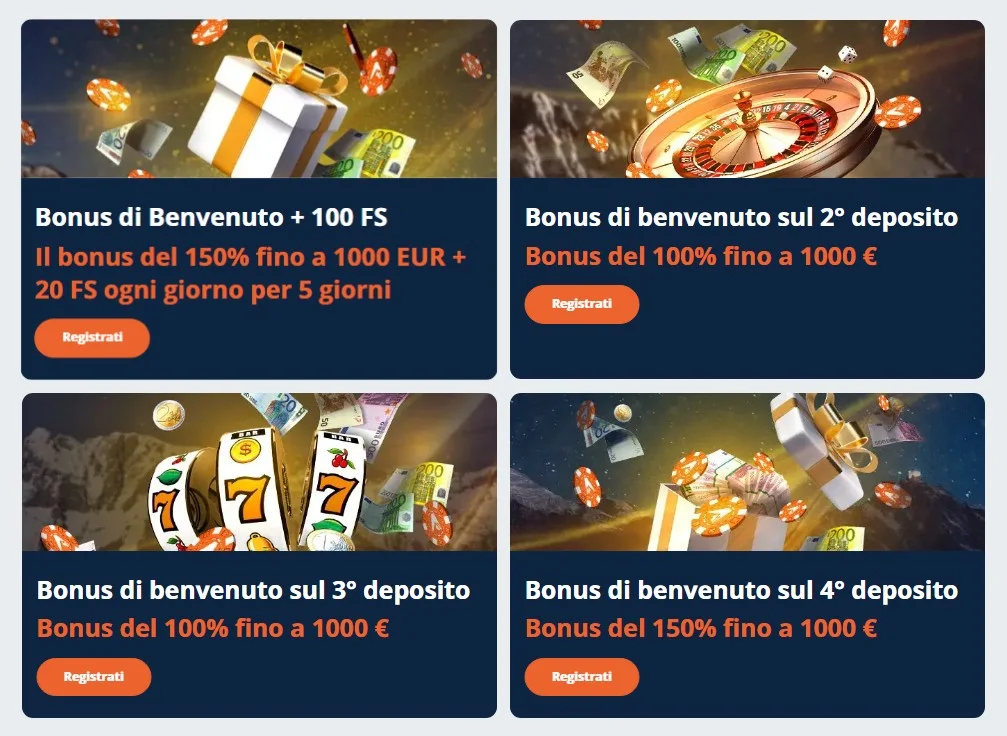 Bonus di benvenuto di Alpino Casino su quattro depositi con 100 giri gratis