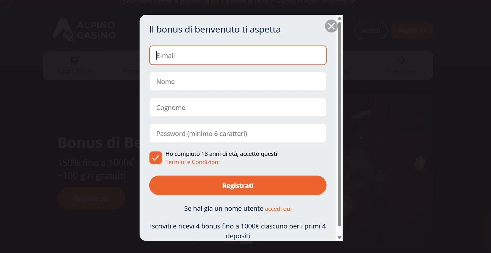 Promozioni, ricariche e programma VIP di Alpino Casino per l'Italia